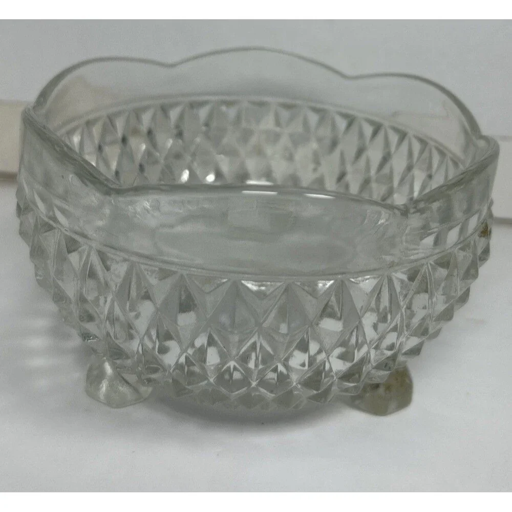 Vintage Indiana Glass Diamond Point Clear Three Footed Small Bowl Candy Dish